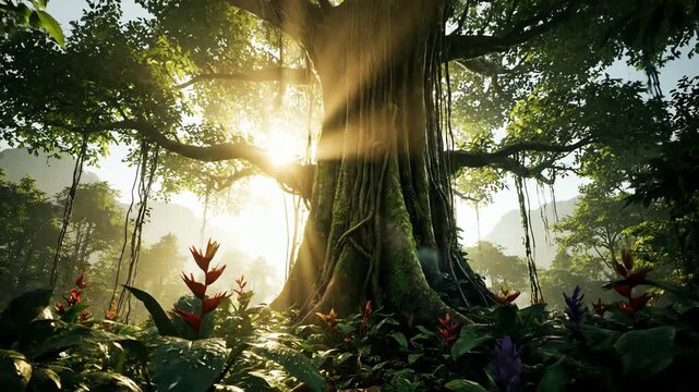 Majestic Ancient Tree in a Lush Rainforest with Golden Sunbeams and God Rays