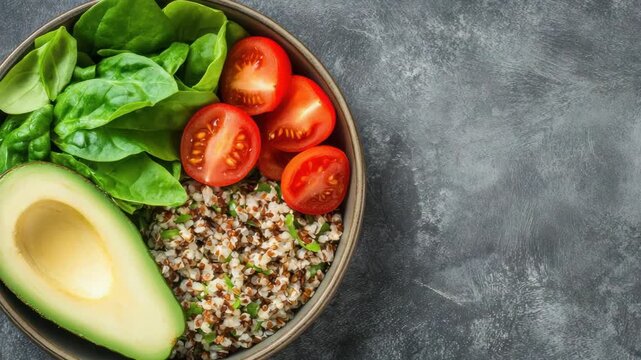 Avocado quinoa bowl with spinach and cherry tomato fresh healthy nutritious meal