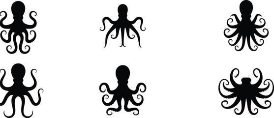 Set of octopus silhouette vector illustrations isolated on white background, marine sea creature collection, underwater wildlife graphic design icons. © MdMohibul