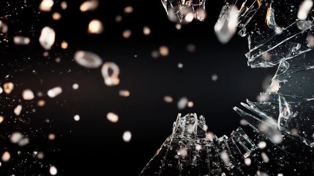 Fragmented glass shards float in a dark void sparkling dust drifting around chaotic fragments aloft