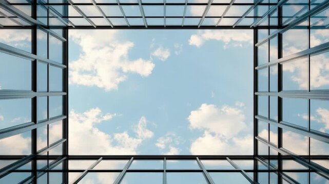 Modern glass atrium ceiling framing blue sky with soft clouds in serene geometric building courtyard