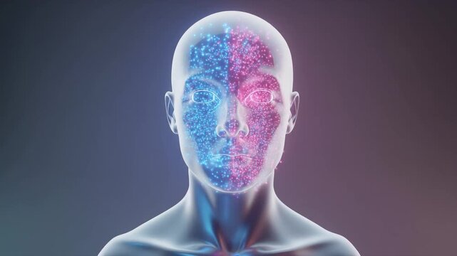 Front-facing translucent AI bust filled with floating probability clouds and point clusters. Colors shift from blue to pink based on model uncertainty. Artistic visualization of probabilistic reasonin