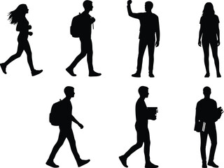 People walking silhouette set, men and women carrying bags and books, casual urban lifestyle vector illustration, isolated on white background