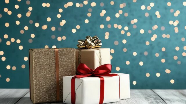 Elegant holiday gift box with ribbon and bow wooden floor festive bokeh present box wrapped