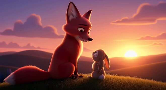 Fox and rabbit silhouette at sunset landscape