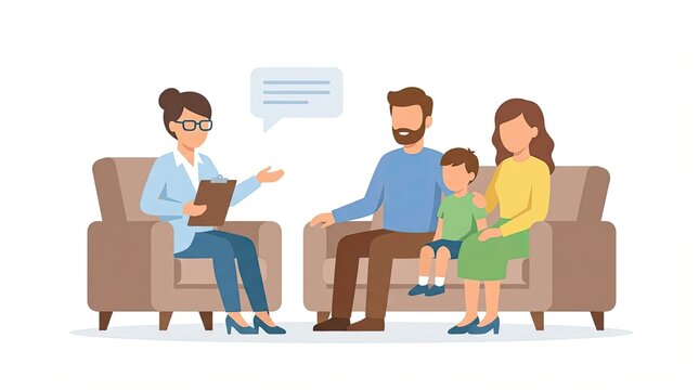 Family Talking with Counselor for Therapy Session. Flat Vector Illustration. Isolated on white background.