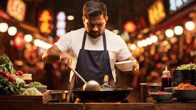 Skilled Asian chef expertly cooking stir-fry in a wok at bustling night market