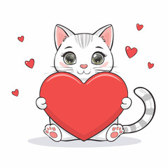 Hand drawn kawaii style cat hugging a heart symbol for February love themed artworks