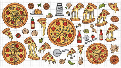 Delicious Pizza Collection Various Slices and Whole Pies.