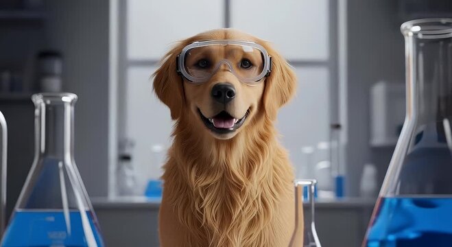 Dog wearing goggles in laboratory with beakers