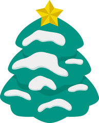 金色の星が付き雪が積もった緑のクリスマスツリーのイラスト