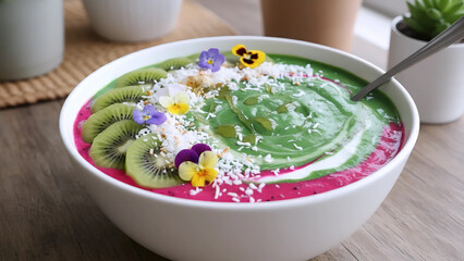 Colorful Smoothie Bowl with Kiwi & Edible Flowers, Vibrant Smoothie Bowl with Kiwi, Dragonfruit & Coconut, Healthy Fruit Smoothie Bowl with Fresh Kiwi & Toppings
