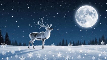 Majestic Reindeer Standing Under a Full Moon on a Snowy Winter Night.