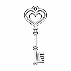 Hand drawn minimal key featuring a heart topper for symbolic February love designs