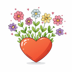 Hand drawn floral stems growing from a heart pot representing February love bloom