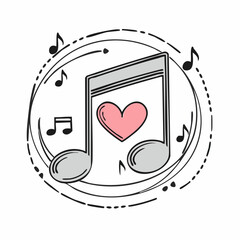 Hand drawn melody symbols with one heart note for February love tunes