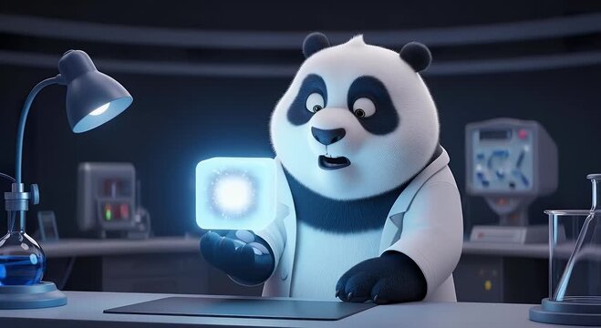 Animated panda in laboratory examining glowing object