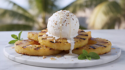 Grilled Pineapple with Ice Cream & Mint, Tropical Grilled Pineapple with Vanilla Ice Cream, Delicious Grilled Pineapple with Creamy Ice Cream

