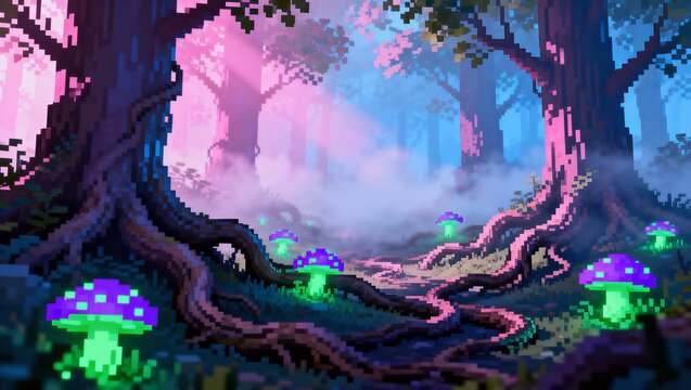 発光キノコと霧に包まれた神秘の森エリアRPG背景（ピクセルアート）