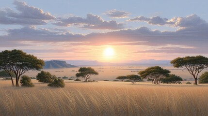 Obraz premium Serene Sunrise over Expansive Savannah Landscape with Gentle Hills and Lush Greenery Under a Colorful Sky