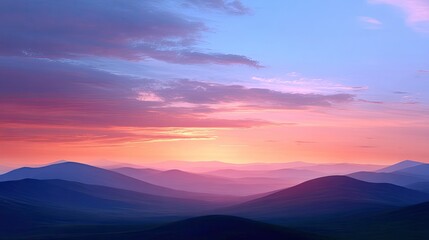 Fototapeta premium Serene Mountain Landscape at Sunset with Soft Colors and Layered Hills Under a Tranquil Sky and Dramatic Cloud Formation in Nature's Beauty