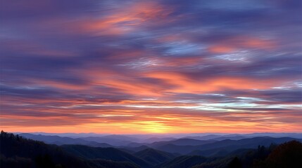 Majestic Mountain Landscape at Sunrise with Vibrant Clouds and Rolling Hills in the Background, Capturing the Beauty of Nature's Splendor