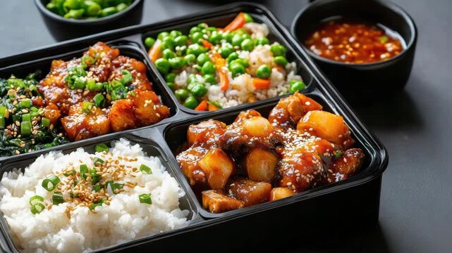 Savory Asian bento with glazed chicken, steamed rice, mixed vegetables, peas and dipping sauce