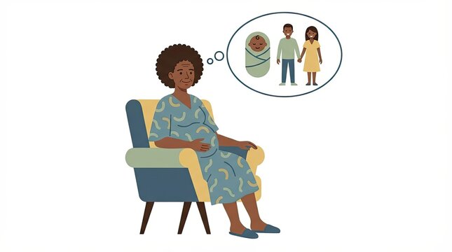 Pregnant African Mature Woman Imagining the Birth of Her Firstborn. Flat Vector Design