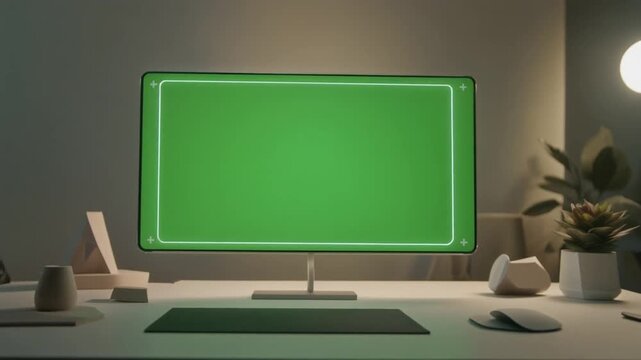 Modern computer monitor with a vibrant green screen on a minimalist desk, surrounded by office accessories in a softly lit room.