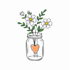 Hand drawn bouquet in glass jar with small heart label ideal for February themes