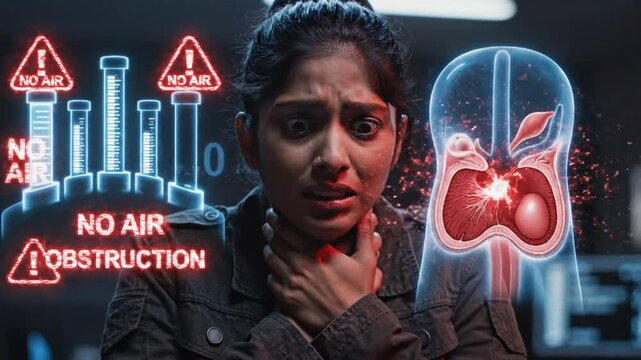 Woman Choking with Airway Obstruction CGI Visualization with Anatomical Diagram and No Air Indicators in Dark Tone Background with Medical Style