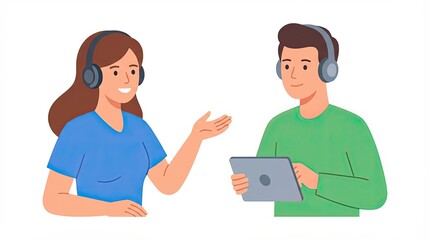 Obraz premium Smiling Woman Talking to Customer on Headphones. Flat Vector Illustration. Isolated on white background.