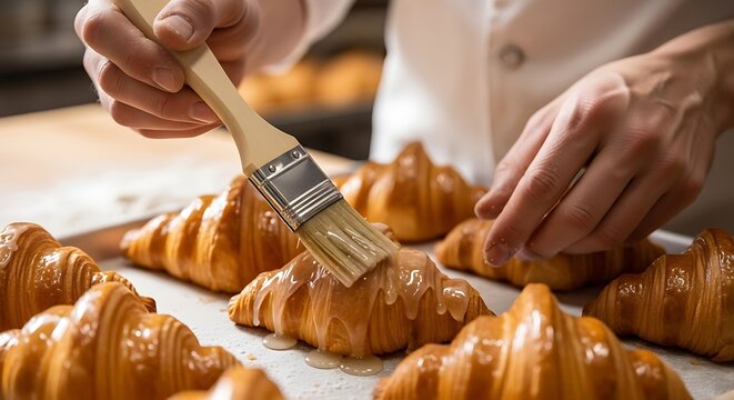 Professional baker glazing golden croissants with a pastry brush in kitchen