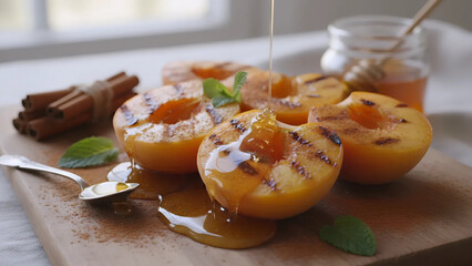 Grilled Peaches with Honey & Cinnamon, Summer Grilled Peaches with Drizzle of Honey, Delicious Grilled Peaches with Mint and Honey
