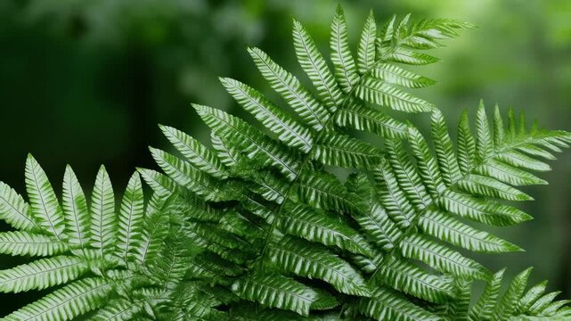 Lush green fern frond foliage leaf nature motion with soft bokeh and tranquil forest texture