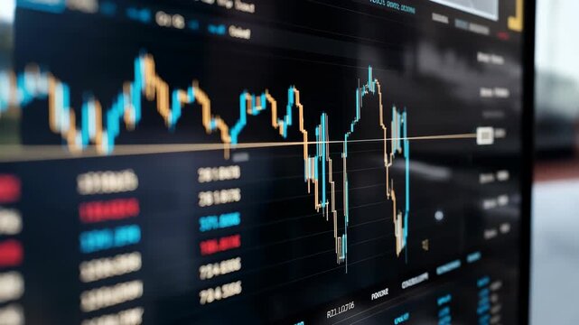 Financial chart candlestick graph stock data showing dynamic market motion and volatile blue gold