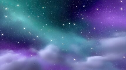 Fototapeta premium Enchanting Night Sky with Colorful Aurora Borealis and Twinkling Stars over Soft Cloud Layers, Perfect for Dreamy and Fantasy Themes
