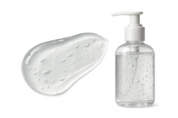 Hand sanitizer gel pump bottle and transparent antibacterial liquid smear with bubbles on a clean background