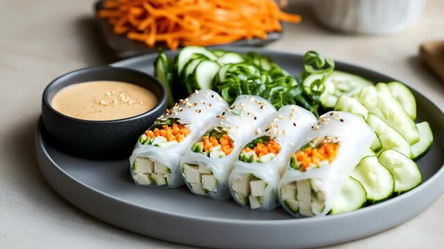 Fresh vegetable rice paper roll with tofu, carrot, cucumber, peanut sauce, sesame seed