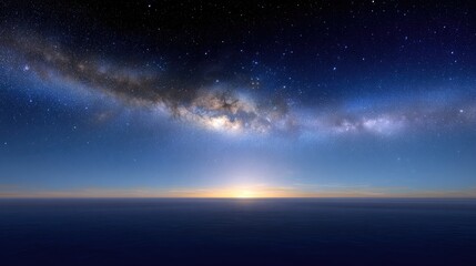 Obraz premium Stunning Cosmic Landscape Over Serene Ocean Horizon with Starry Sky and Milky Way Galaxy Illuminating Tranquil Seascape at Dawn
