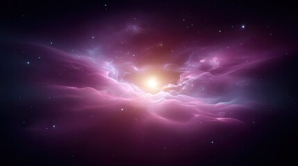 Fototapeta premium Ethereal Cosmic Phenomenon in Deep Space with Colorful Nebula and Bright Central Light, Radiating Vibrant Purple and Pink Hues Against Dark Background