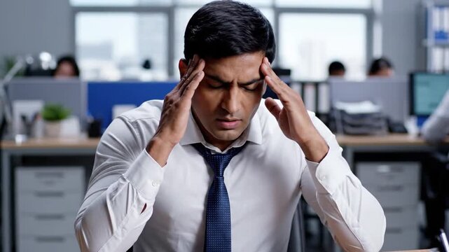 Worried Businessman in White Shirt with Blue Tie Suffering from Headache Touching Head in Office with Blurry Background