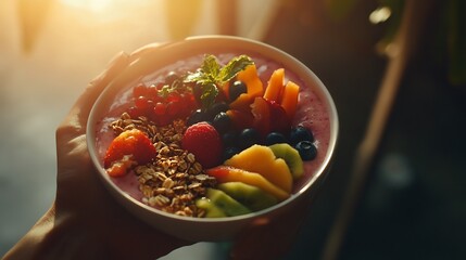 A vibrant and healthy smoothie bowl with fresh fruits and granola in hand