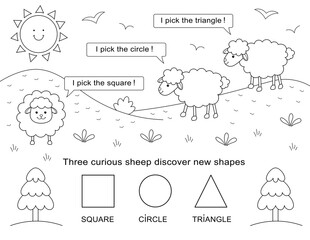 learn basic shapes with three sheep, coloring page for kids. ready to print on 8.5 x 11 inch paper. Exclusive on Adobe Stock
