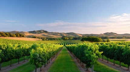 Fototapeta premium Expansive Vineyard Landscape with Lush Green Rows Under Clear Blue Sky and Rolling Hills at Sunset