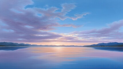 Serene Sunset Over Calm Water with Soft Color Palette and Dramatic Skies, Ideal for Peaceful Background or Nature Inspired Design Projects