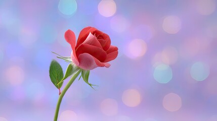 Obraz premium Single red rose with soft petals against a dreamy bokeh background, perfect for celebrating love, beauty, and nature in any creative project.