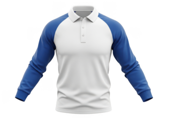 Classic white and blue raglan sleeve polo shirt isolated on transparent background
