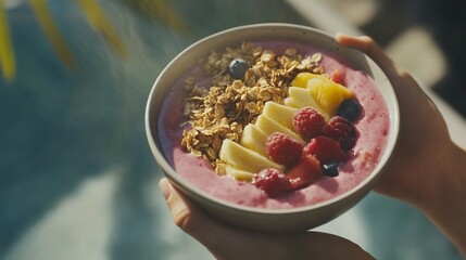 A person holding a vibrant smoothie bowl topped with granola and fresh fruits, perfect for breakfast