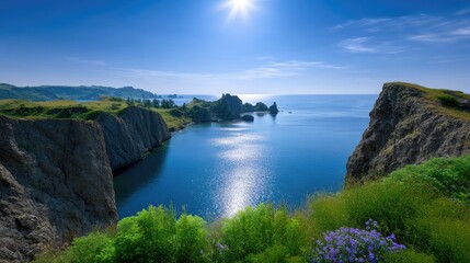 Tranquil Seaside View Overlooking Cliffs, Lush Greenery, and Blue Sky with Sunlight Reflected on Calm Water, Perfect for Nature and Travel Themes
